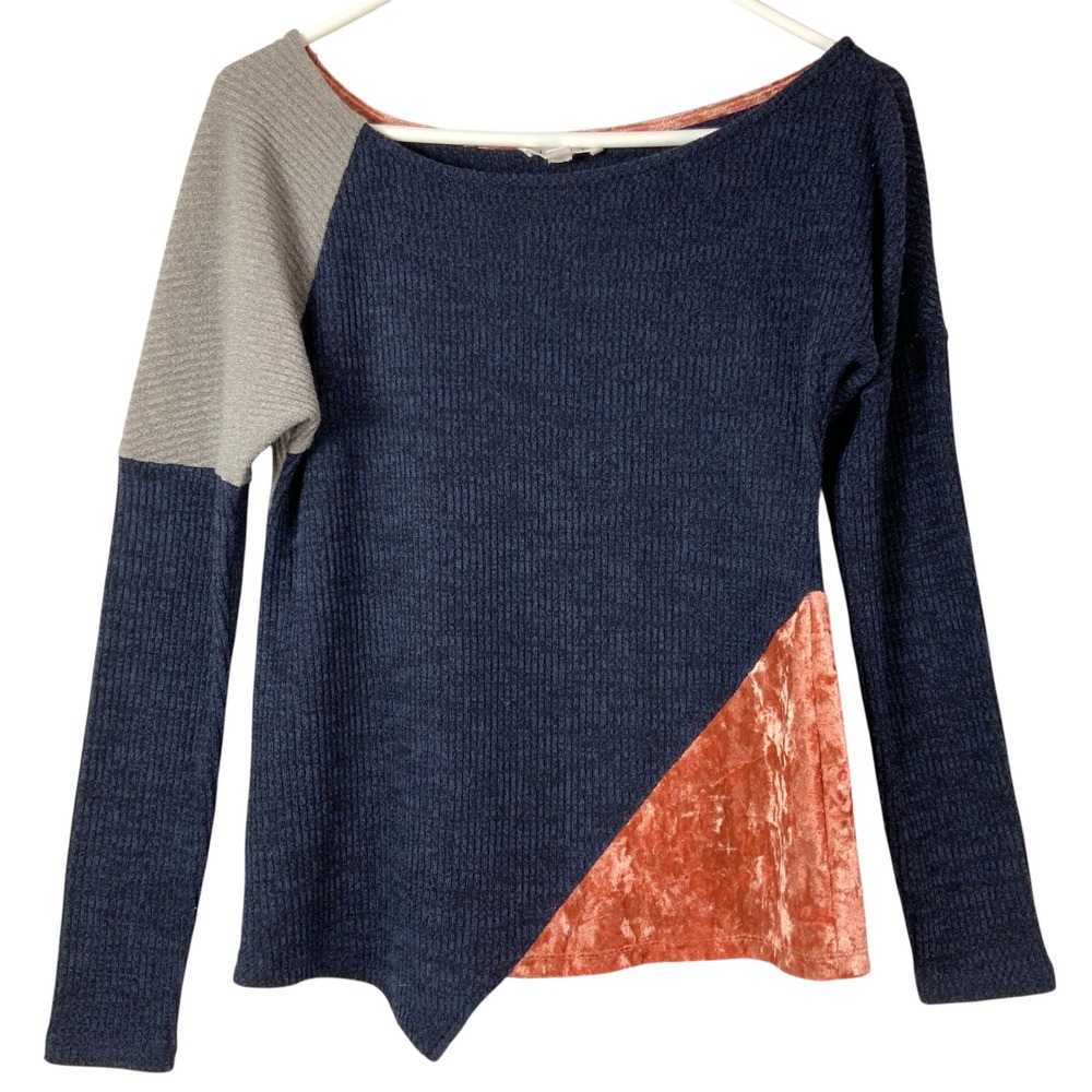 THML Blue Colorblock Ribbed Top XS Pullover Boat Neck Long Sleeve Velvet Hem